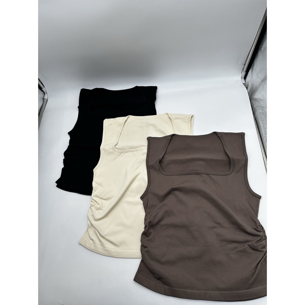 OQQ 3 Piece Nylon Spandex Knit Sleeveless Square Neck Ruched Tank Top Large